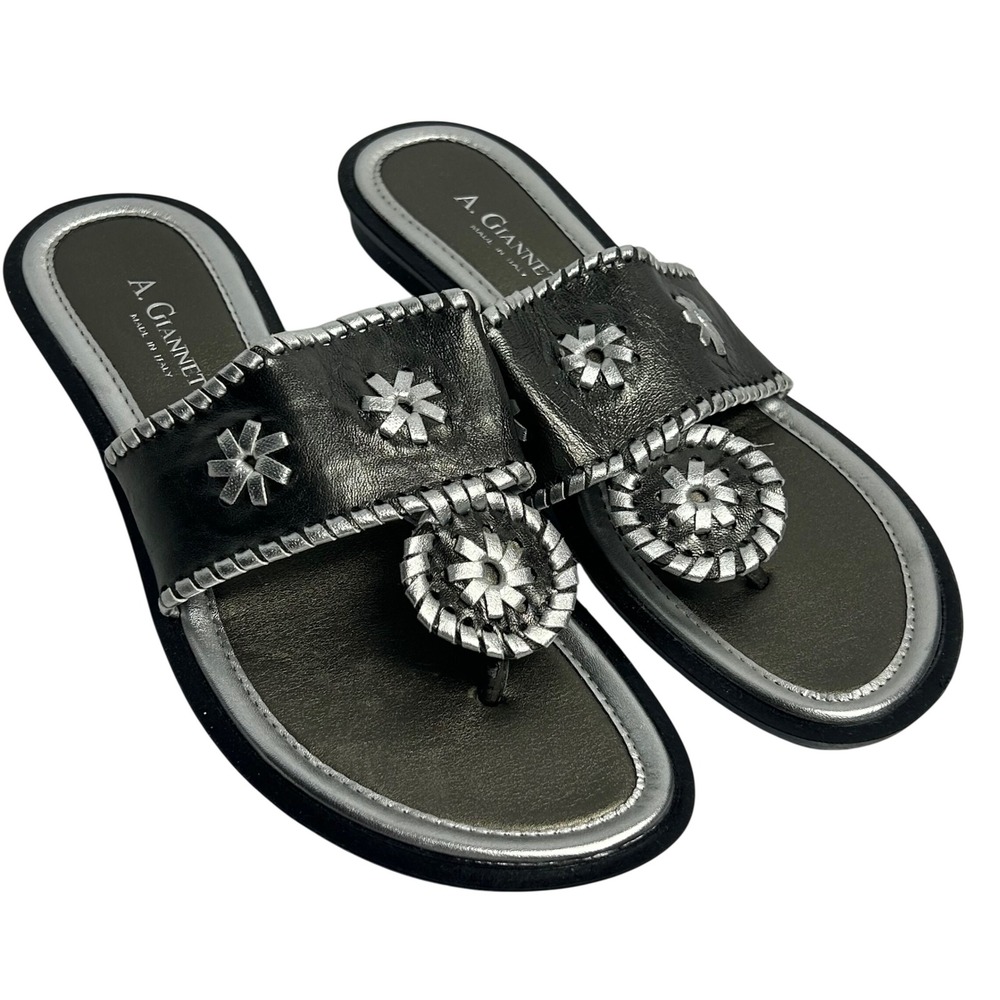 A. Giannetti Italian Leather Thong Sandals Pewter Silver Whipstitch Womens 9M